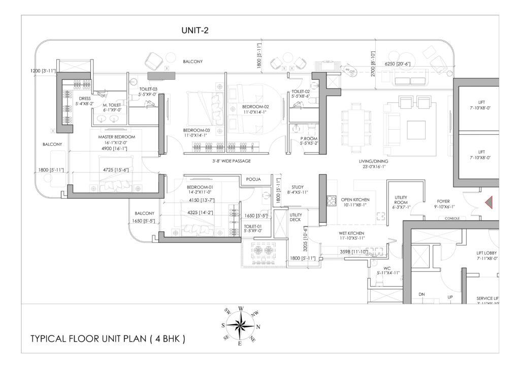 typical floor unit plan ( 4 bhk ) without area